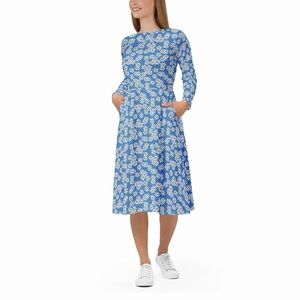 Trad Wife Floral Colorful Blue White Midi Dress POCKETS Stretch Breathable Small
